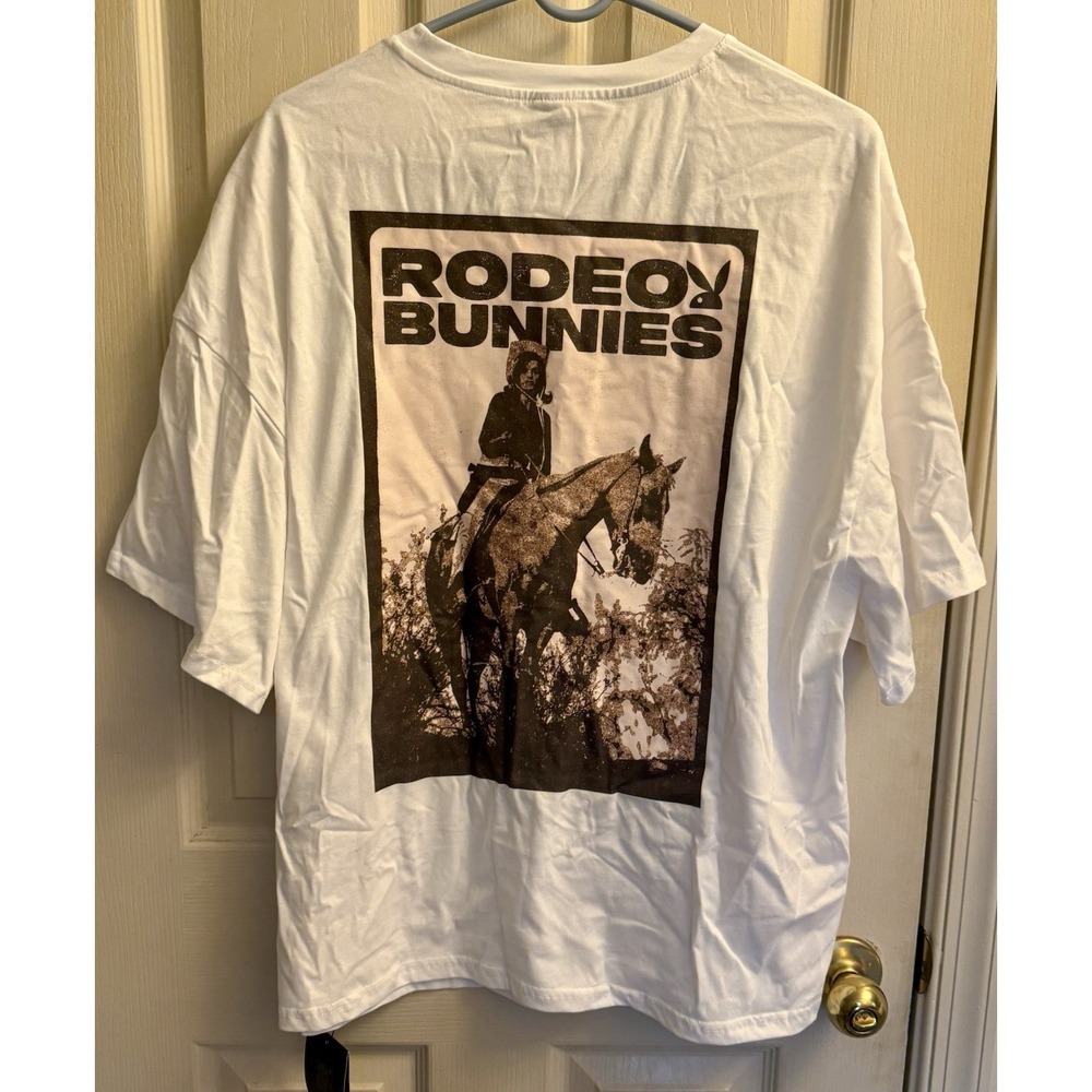 Playboy X Misguided T-Shirt Rodeo Bunnies‎ Men's Large. White Oversized Tee. NWT